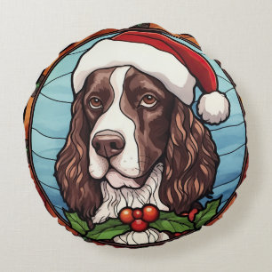 English Springer Spaniel Stained Glass Christmas Round Cushion