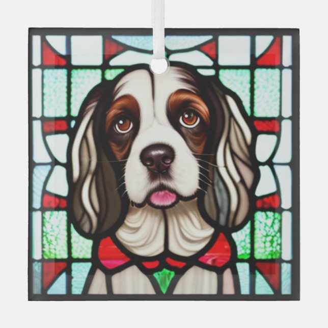English Springer Spaniel "Stained Glass"  Glass Tree Decoration (Front)