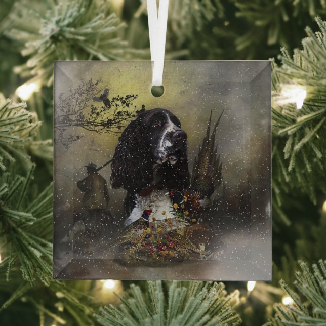 English Springer Spaniel with pheasant  Glass Tree Decoration (Insitu)