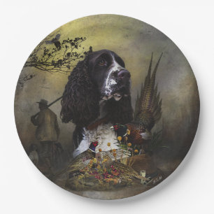 English Springer Spaniel with pheasant Paper Plate