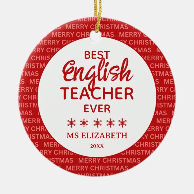 English Teacher Typography Christmas Red Ceramic Tree Decoration (Front)