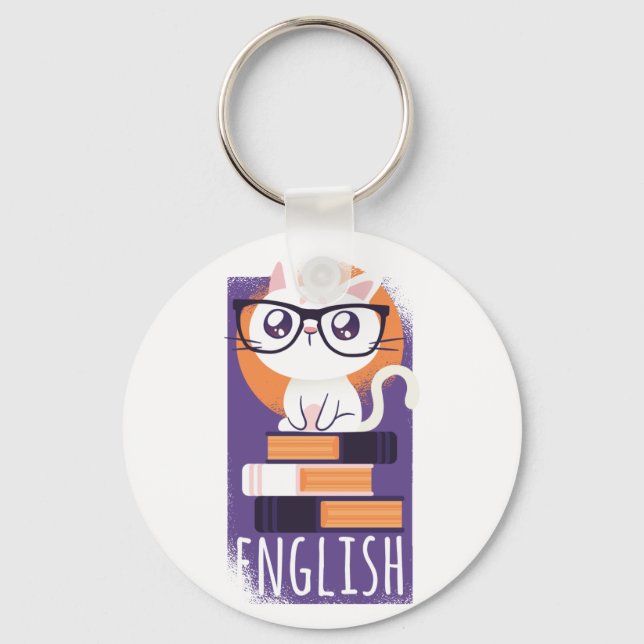 ENGLISH TEACHERS Gift - Cute Kawaii Cat Purple Key Ring (Front)