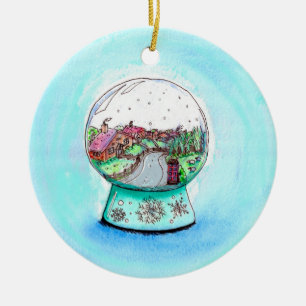 English Village Snow Globe painting Ceramic Tree Decoration