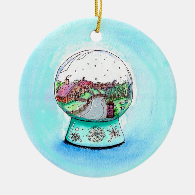 English Village Snow Globe painting Ceramic Tree Decoration (Front)