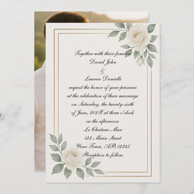 English White Rose Photo Wedding Invitation (Front/Back)