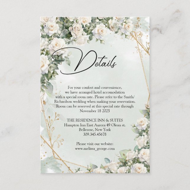 English white roses eucalyptus greenery and gold enclosure card (Front)