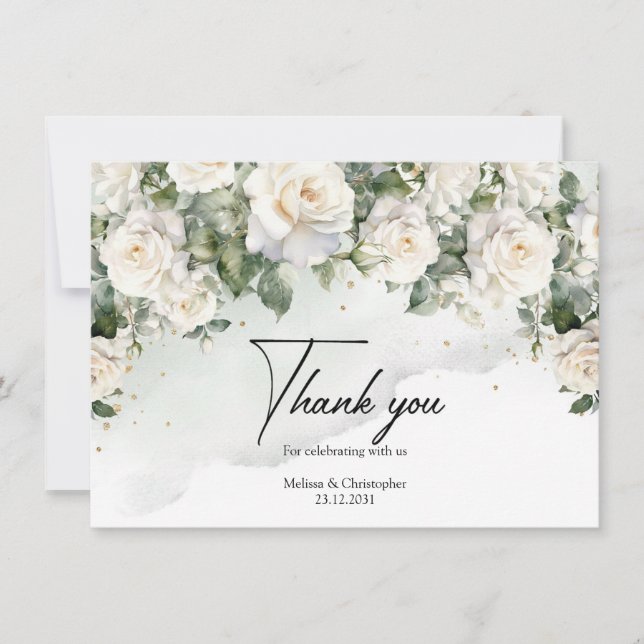 English white roses eucalyptus greenery and gold thank you card (Front)