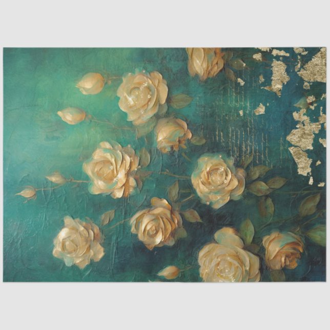 English yellow roses gold foil emerald deep green  tissue paper (Front)