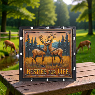 Engraved Deer Stag Pair Golden Field Square Wall Clock