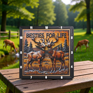 Engraved Deer Stag Pair Orange Sunset Square Wall Clock