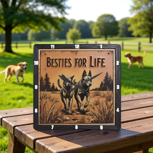 Engraved Dog Pair Outback Field Square Wall Clock