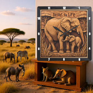 Engraved Elephant Mother Baby Square Wall Clock