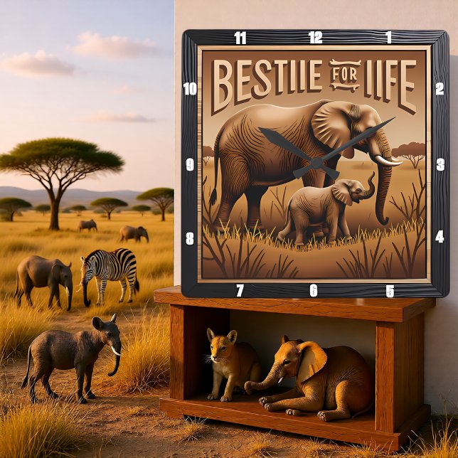 Engraved Elephant Mother Baby Tall Grass Square Wall Clock (Creator Uploaded)