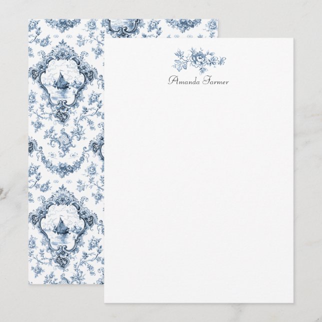 Engraved Floral Toile w/Windmill & Boats-Blue Card (Front/Back)