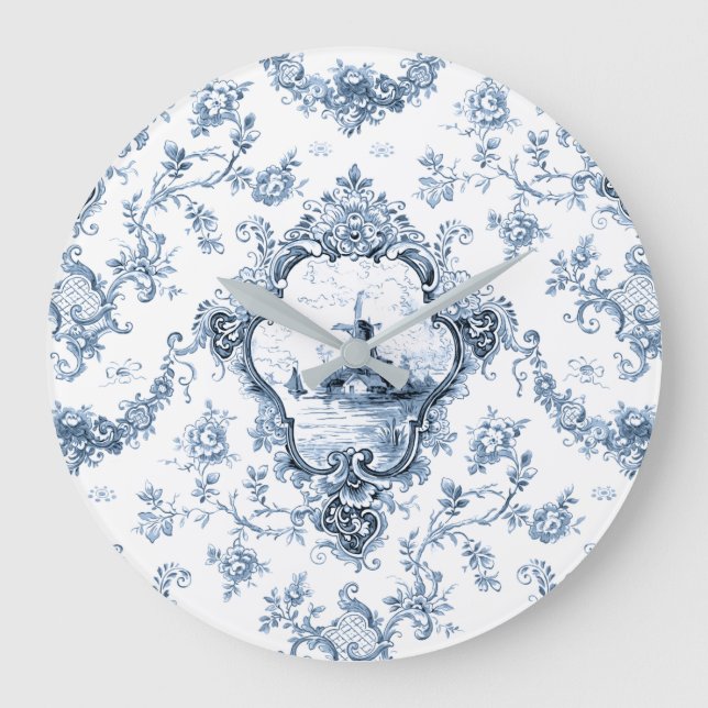Engraved Floral Toile w/Windmill & Boats-Blue Large Clock (Front)