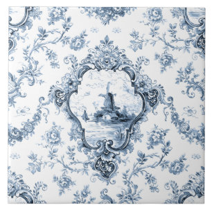 Engraved Floral Toile w/Windmill & Boats-Blue Tile
