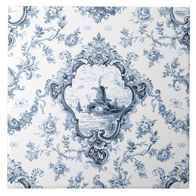 Engraved Floral Toile w/Windmill & Boats-Blue Tile (Front)