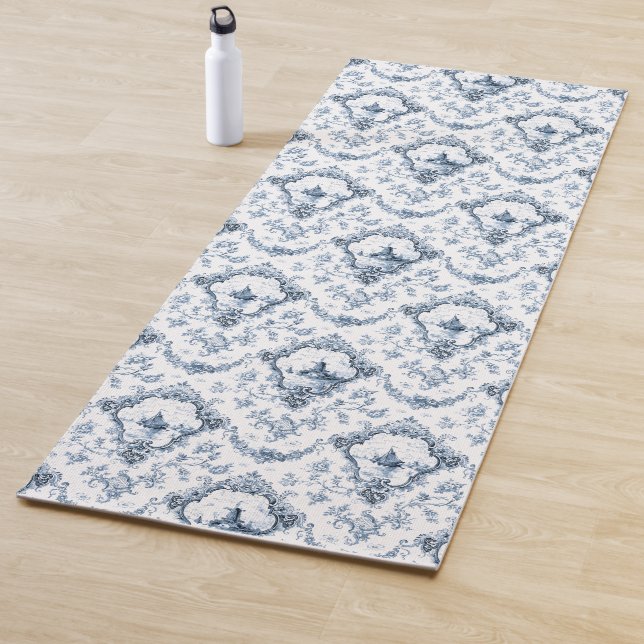 Engraved Floral Toile w/Windmill & Boats-Blue Yoga Mat (In Situ)