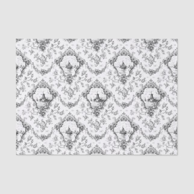 Engraved Floral Toile w/Windmill & Boats-Grey Tissue Paper (Front)