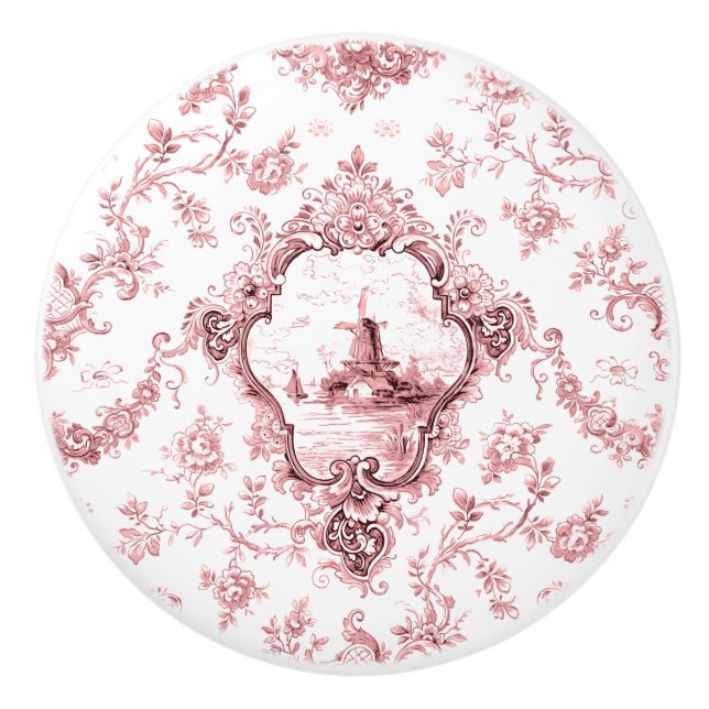 Engraved Floral Toile w/Windmill & Boats-Pink Ceramic Knob (Front)