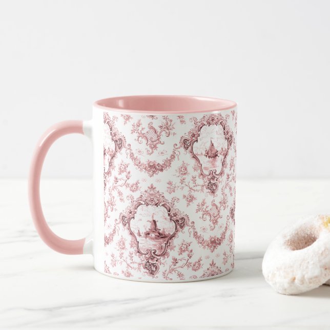 Engraved Floral Toile w/Windmill & Boats-Pink Mug (With Donut)