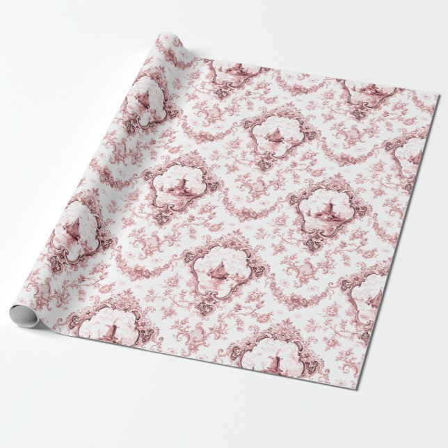 Engraved Floral Toile w/Windmill & Boats-Pink Wrapping Paper (Unrolled)