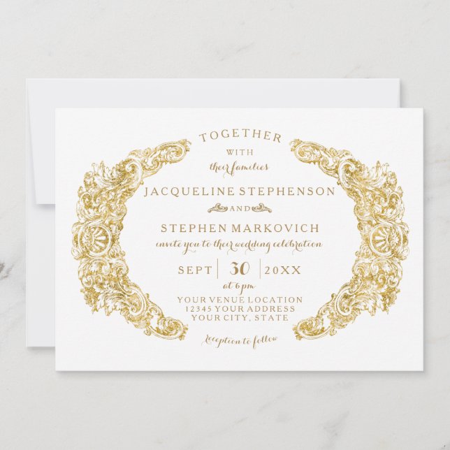 Engraved Flowers Acanthus Leaf n Flourish Gold Invitation (Front)