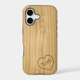 Engraved Heart and Initials on Wood Grain texture