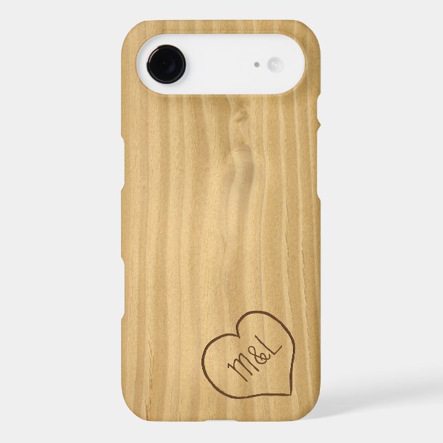 Engraved Heart and Initials on Wood Grain texture Case-Mate iPhone Case (Back)