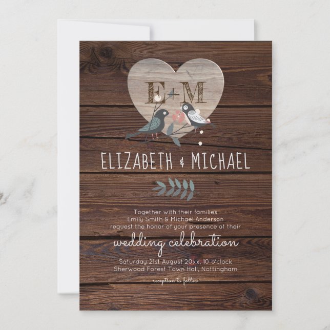 Engraved Heart Love Birds Rustic Wood Wedding Invitation (Front)