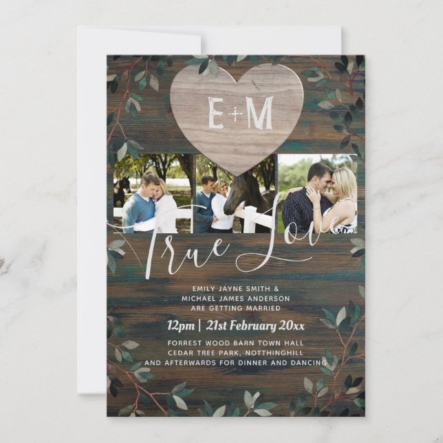 Engraved Heart Rustic Initials Wood Photo Wedding Invitation (Front)