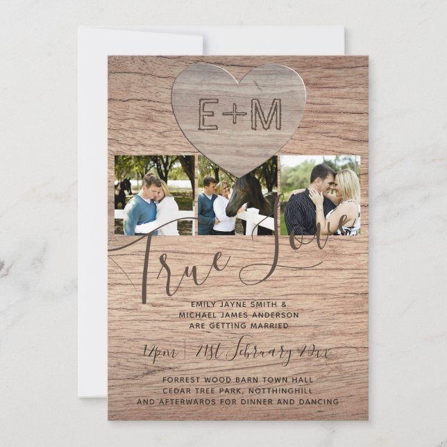 Engraved Heart Rustic Photo Initials Wood Wedding Invitation (Front)