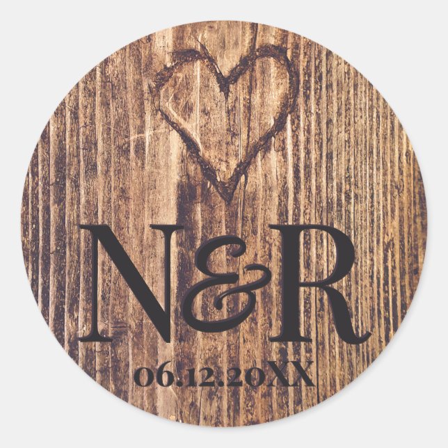  Engraved Heart Rustic Wood Cute Farmhouse Wedding Classic Round Sticker (Front)