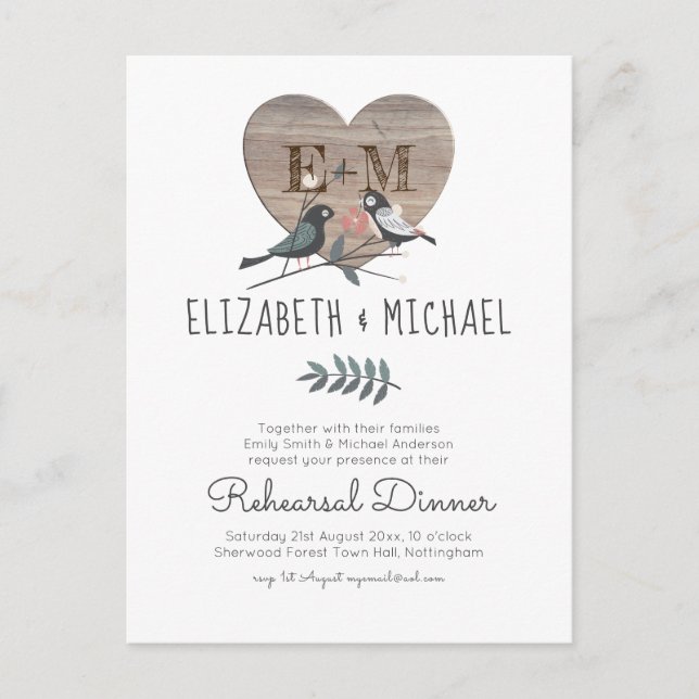 Engraved Heart Woodland Wedding Rehearsal Dinner Postcard (Front)