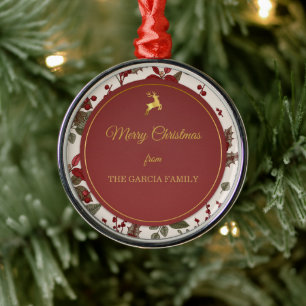 Engraved Holly and Mistletoe, Gold Reindeer Metal Tree Decoration