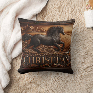 Engraved Horse Running Across Wheat Field Cushion