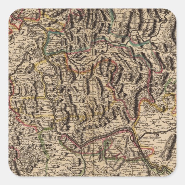 Engraved map of Rhine River Valley Square Sticker (Front)
