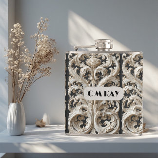 Engraved Ornate Baroque Grandeur Vintage Ivory  Hip Flask