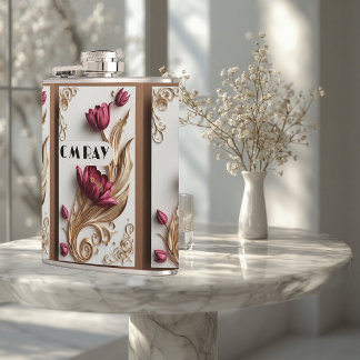 Engraved Ornate Baroque Opulence Vintage Ivory  Hip Flask