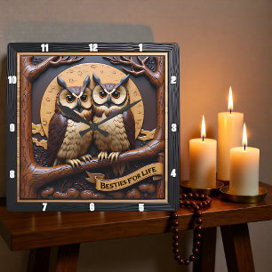 Engraved Owls Branch Banner Brown Square Wall Clock