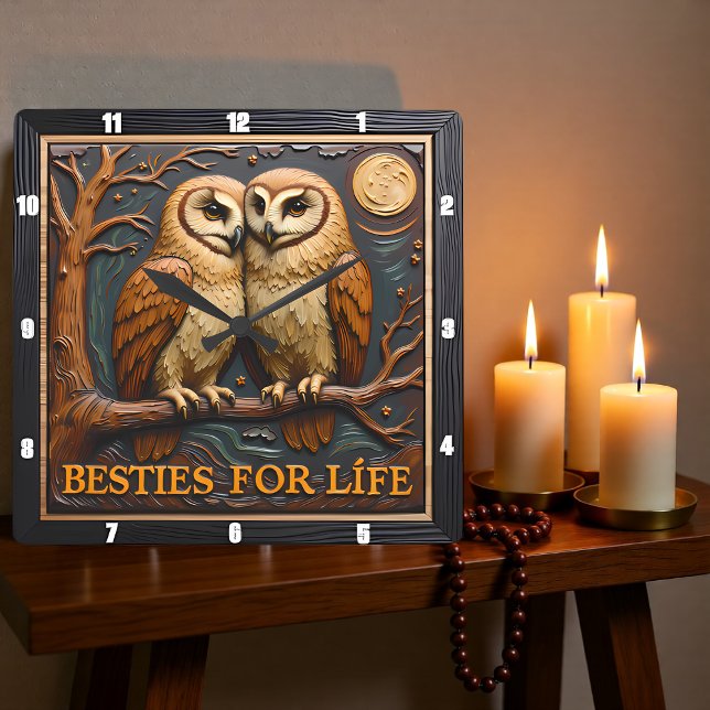 Engraved Owls Branch Moon Besties Square Wall Clock (Creator Uploaded)
