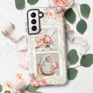 Engraved Pink Watercolor Girly Floral Two-Photo Samsung Galaxy Case