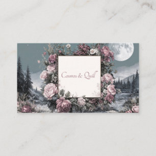 Engraved Rose Floral and Full Moon Night Landscape Business Card