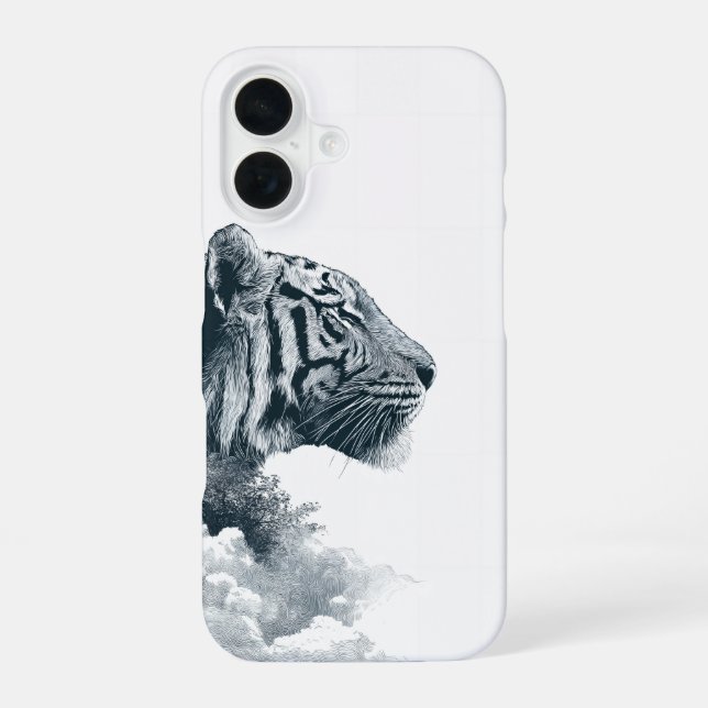 Engraved Tiger Profile Mystic Forest iPhone 16 Case (Back)