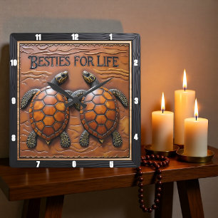 Engraved Turtle Pair Brown Monotone Square Wall Clock