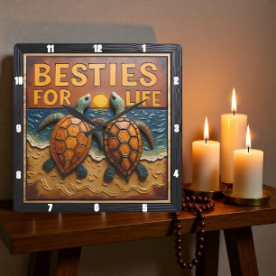 Engraved Turtle Pair Colorful Beach Square Wall Clock