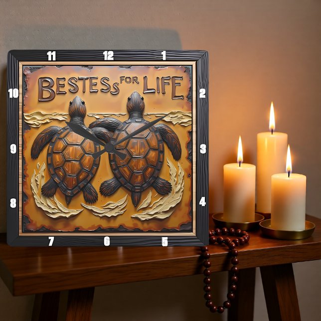 Engraved Turtle Pair Rough Water Square Wall Clock (Creator Uploaded)