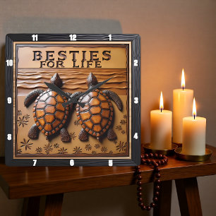 Engraved Turtle Pair Sand Flower Square Wall Clock