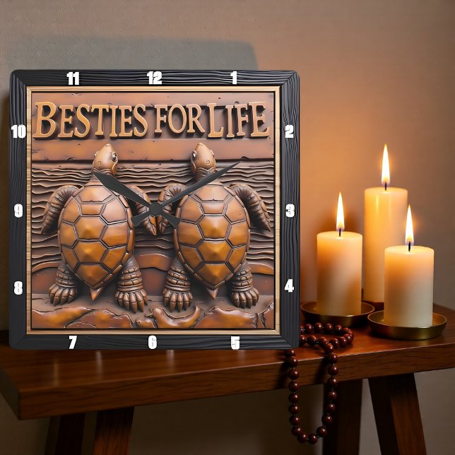 Engraved Turtle Pair Wood Grain Square Wall Clock (Creator Uploaded)