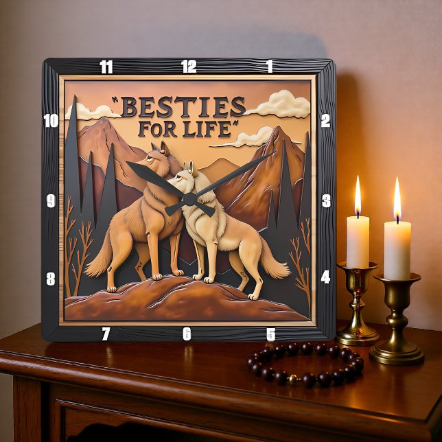 Engraved Wolf Pair Mountain Embrace Square Wall Clock (Creator Uploaded)